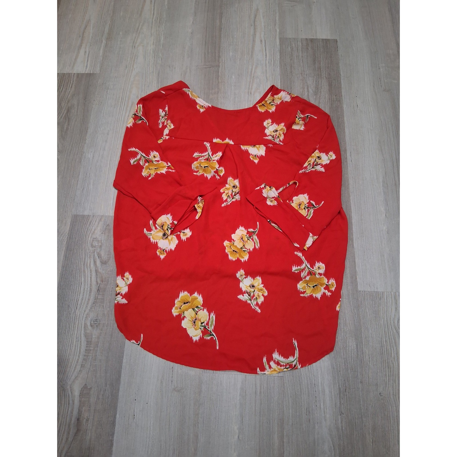 West Kei Womens Red Floral Surplice V-Neck High Low Blouse 3/4 Sleeve Top M/L