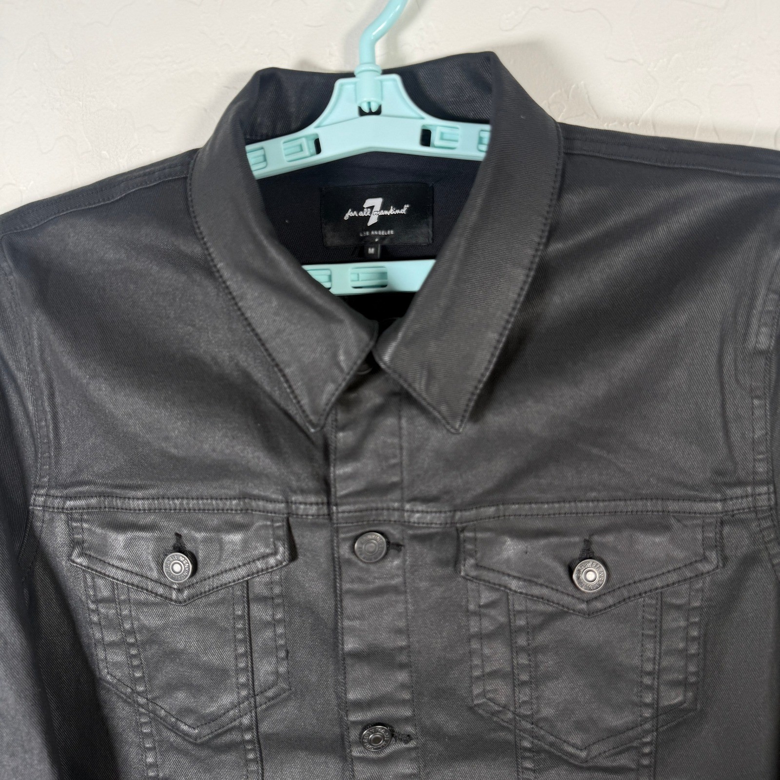 7 For All Mankind Coated Jacket Mens M Black Denim Trucker Button Up Flap Pocket