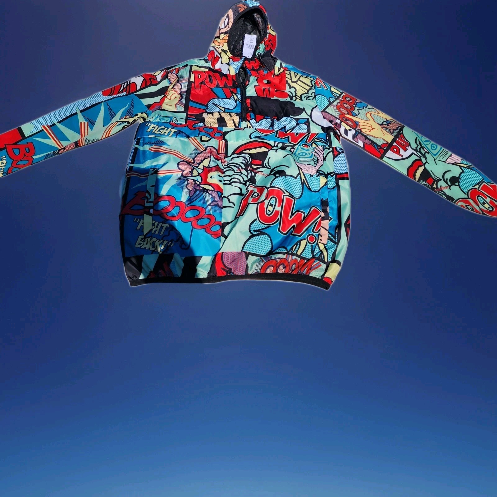 Reason Men’s Half-Zip, Allover Comic Print, Hooded – Medium New With Tags