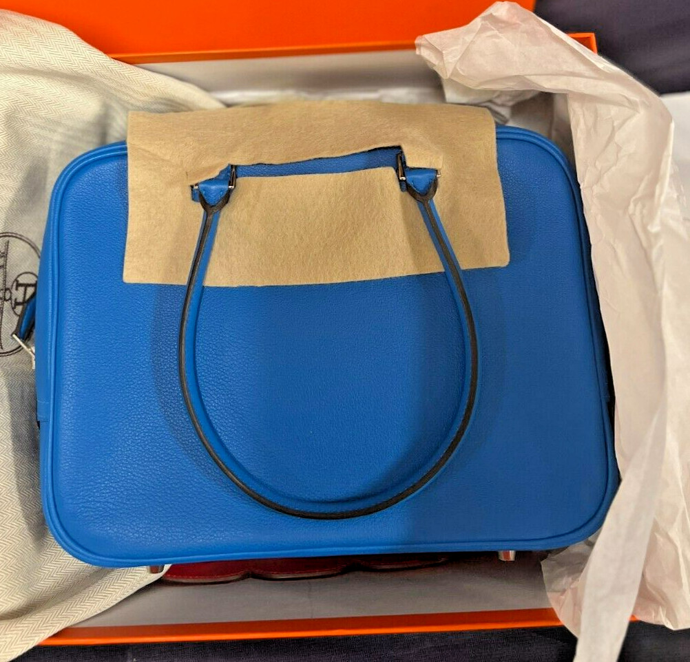 HERMES Kelly Strap Pink Red PLUME 28 Blu LEATHER PALLADIUM Purse NEW HandBag Bag
