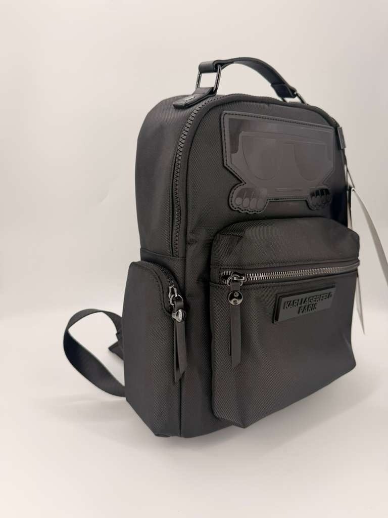 KARL LAGERFELD PARIS Black Small Backpack Zip Closure, Logo, Outer Pockets