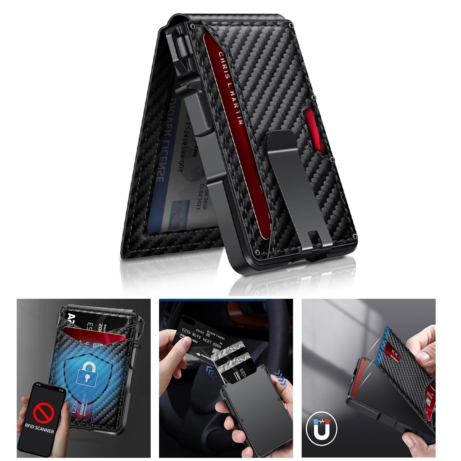 Men RFID Blocking Money Clip Slim Carbon Fiber Credit Card Holder Metal Wallet