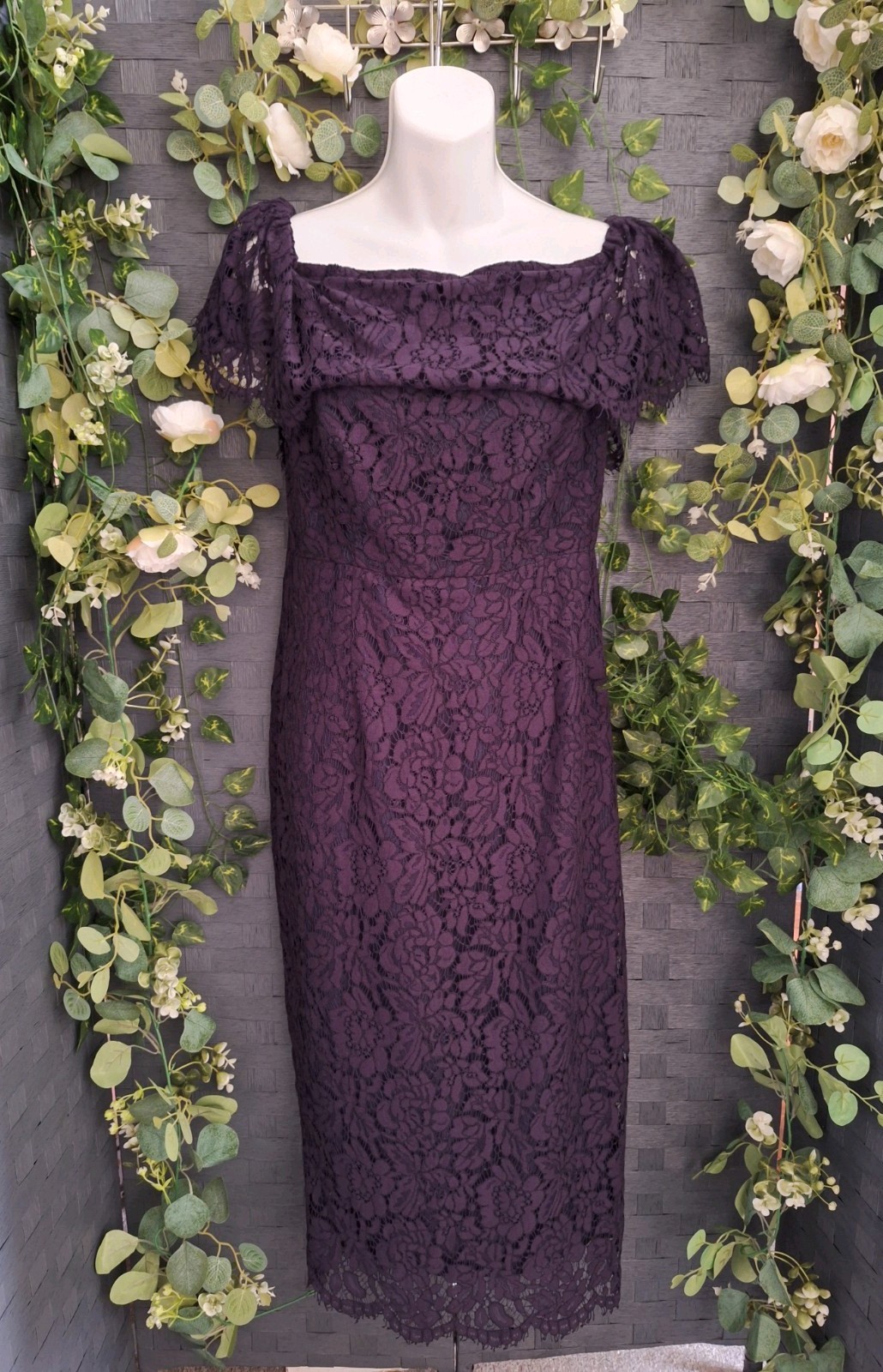 asos stunning dark purple lace off the shoulder midi dress uk 14 bnwt
