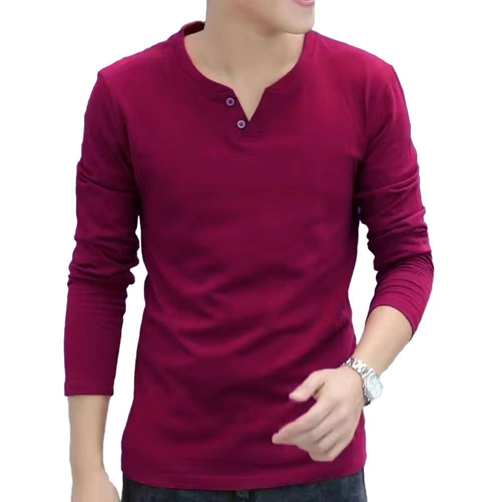 Stylish Men’s Button V Neck Henley T Shirt Slim Bottoming Tops Long Sleeve
