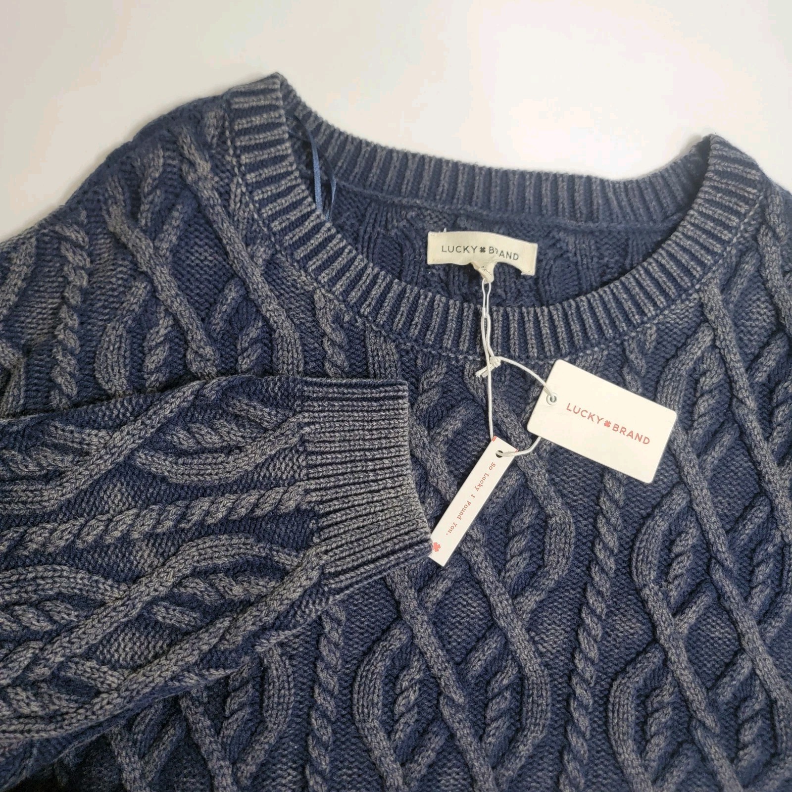 NWT Lucky Brand Cadet Navy Acid Wash Chunky Cable Knit Pull Over Sweater Wom XL