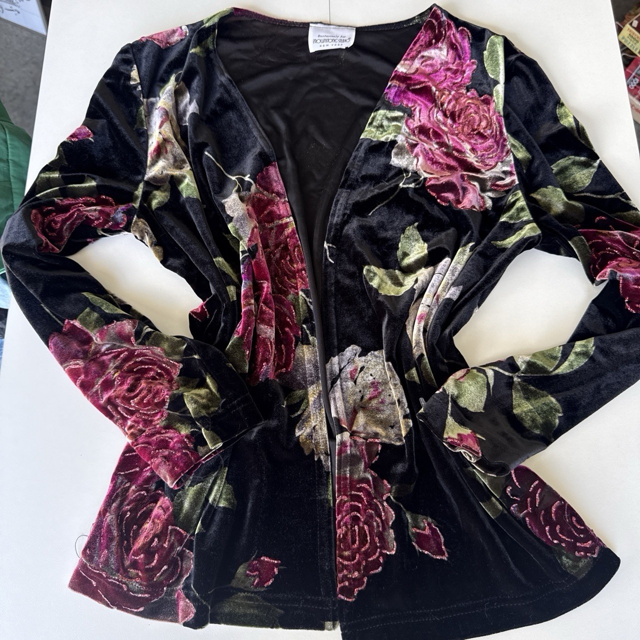 Brownstone Studio black velvet red 3d floral cardigan jacket