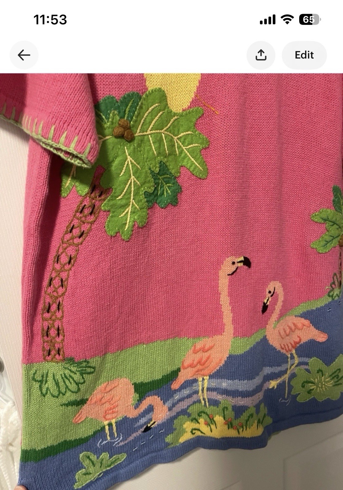 Quacker Factory XL Pink Knit Short Sleeve Sweater Embroidered Flamingo