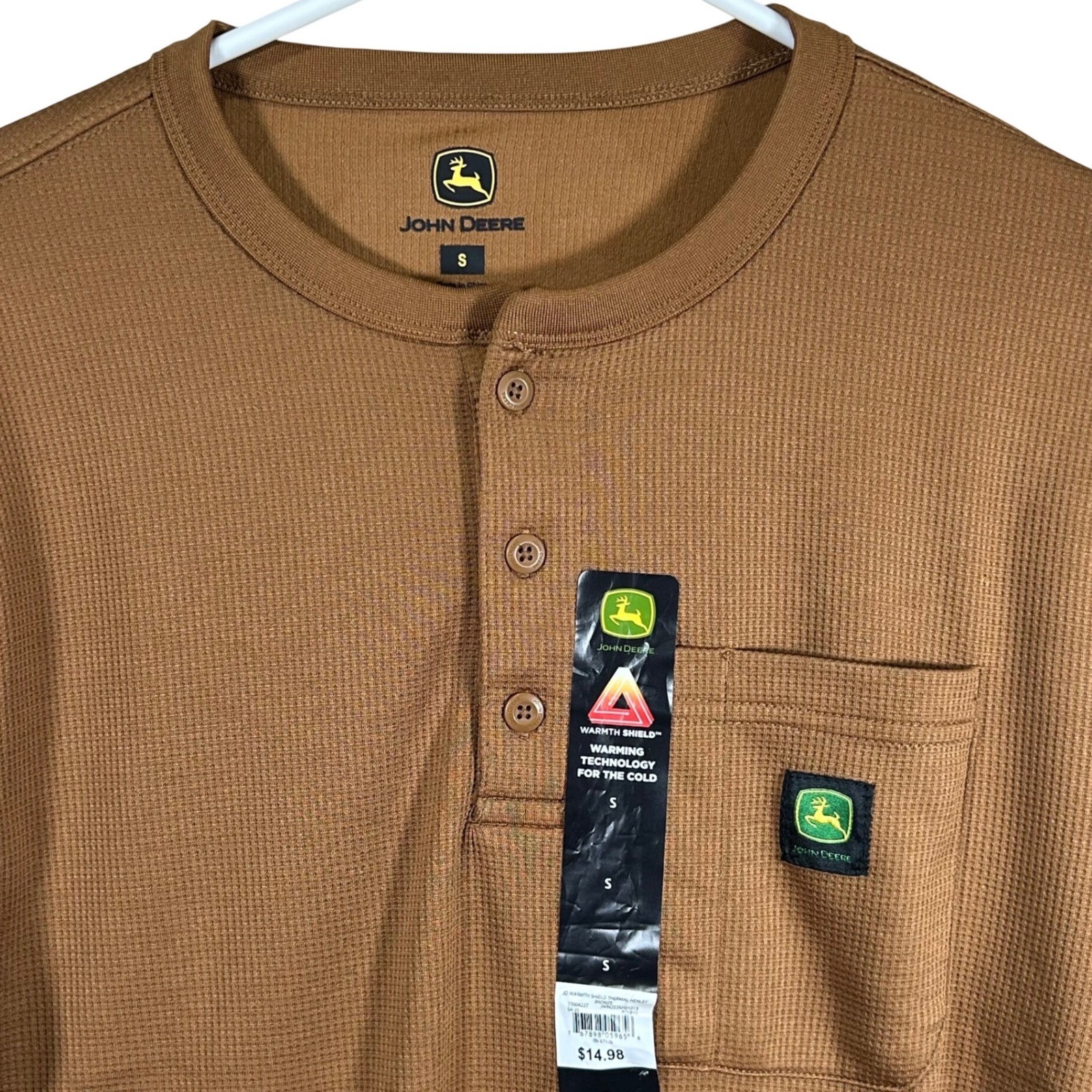 John Deere Mens Warmth Shield Thermal Henley Waffle Knit Shirt Brown Small New