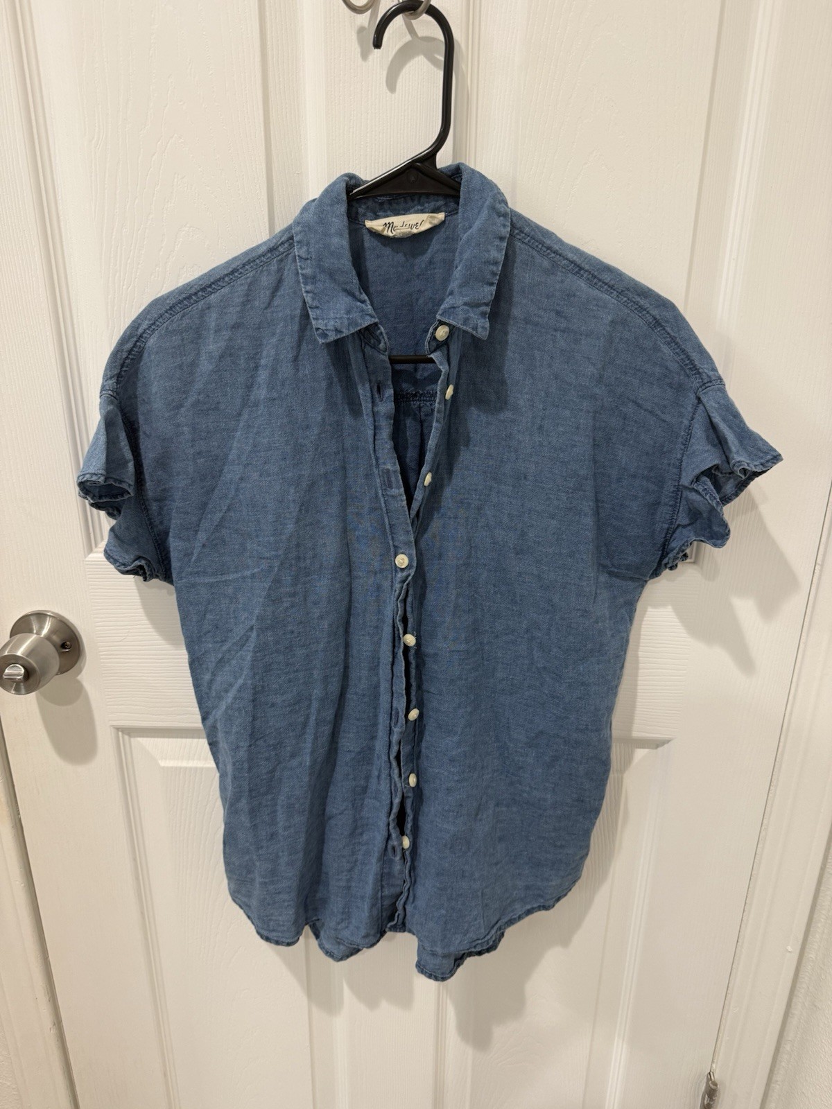 Madewell Blue Chambray Linen Cotton Ruffle Short Sleeve Collared Button-Up XS