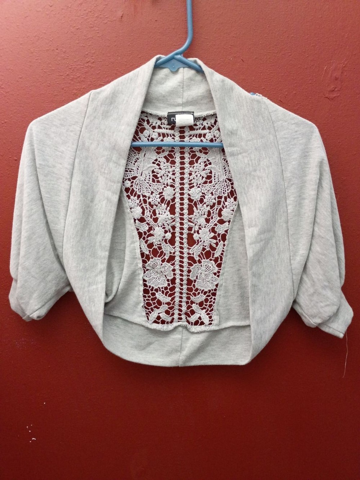 Rue21 Light Gray Crochet-Back Cropped Shrug