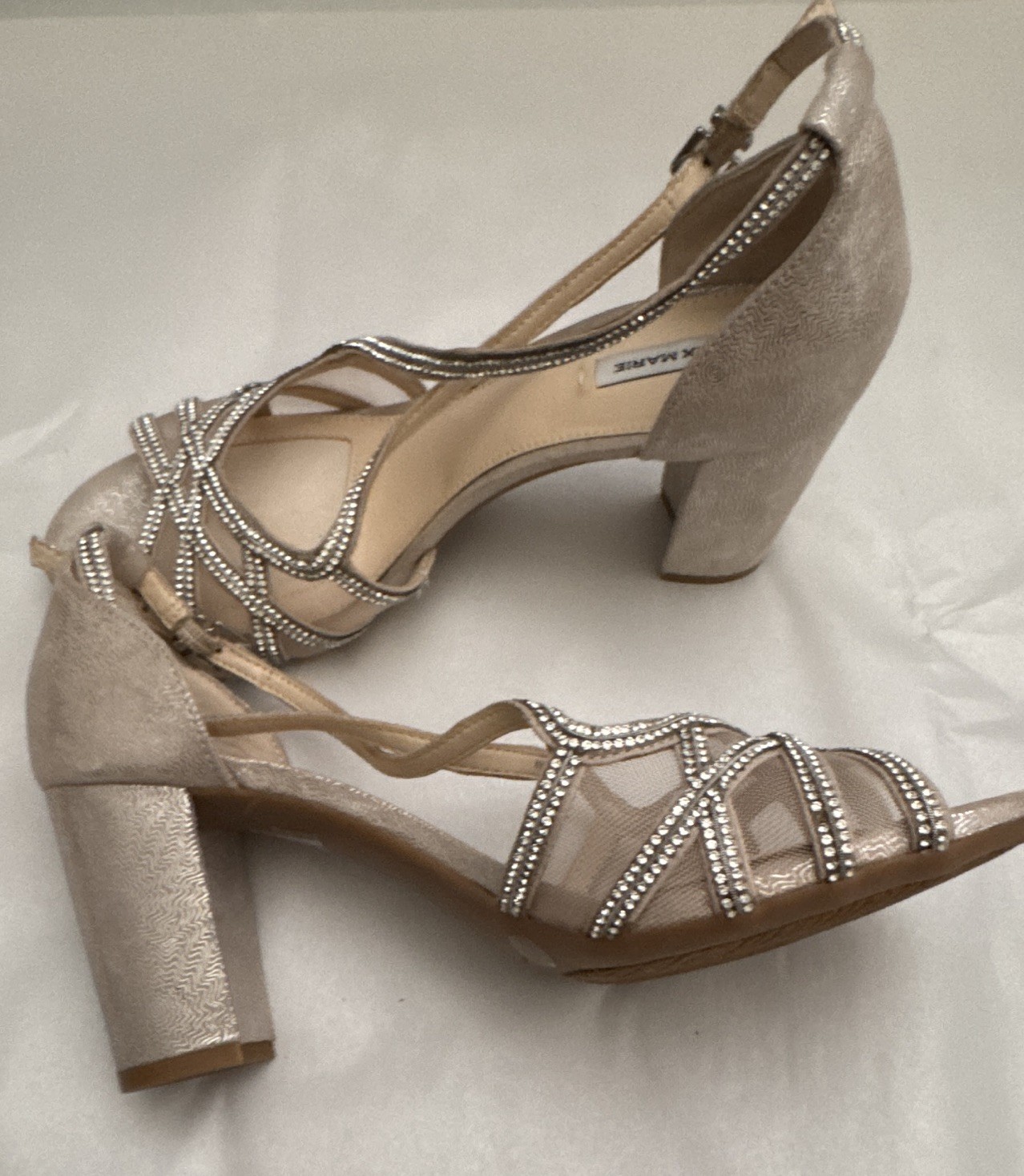 Alex Marie Beige Synthetic Strappy Open Toe Ankle Strap Buckle Heels 7.5