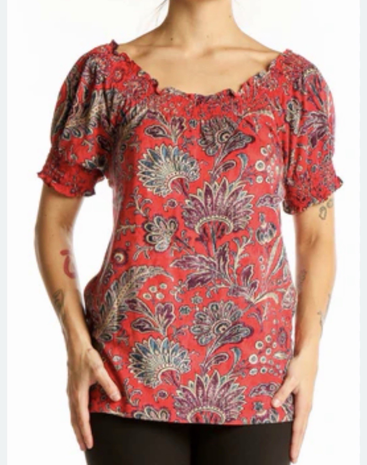 Lauren Ralph Lauren Top XL Red Paisley Smocked Neck Stretch Knit Preppy Shirt