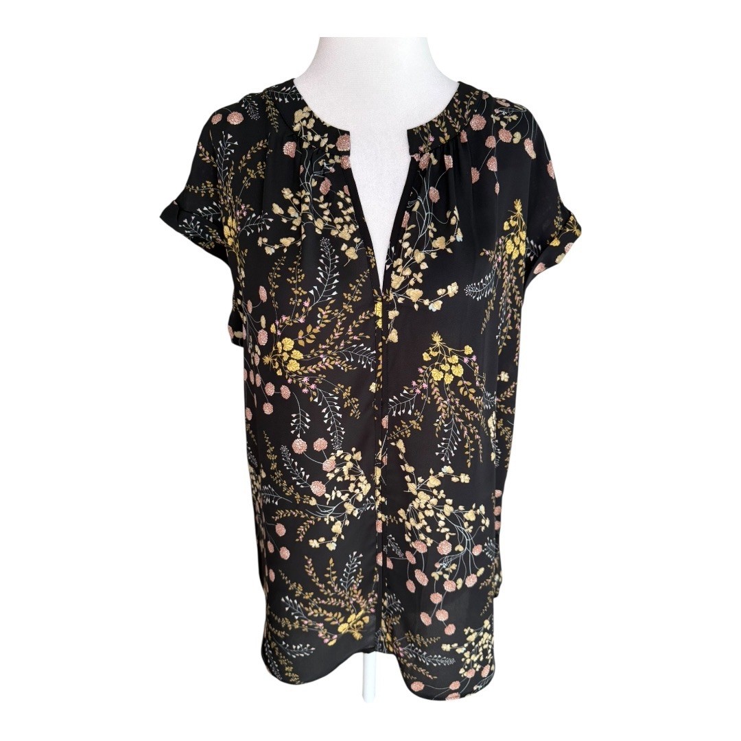 Philosophy Floral Print Top Black Yellow Pink Short Sleeve Blouse Women’s XL NWT