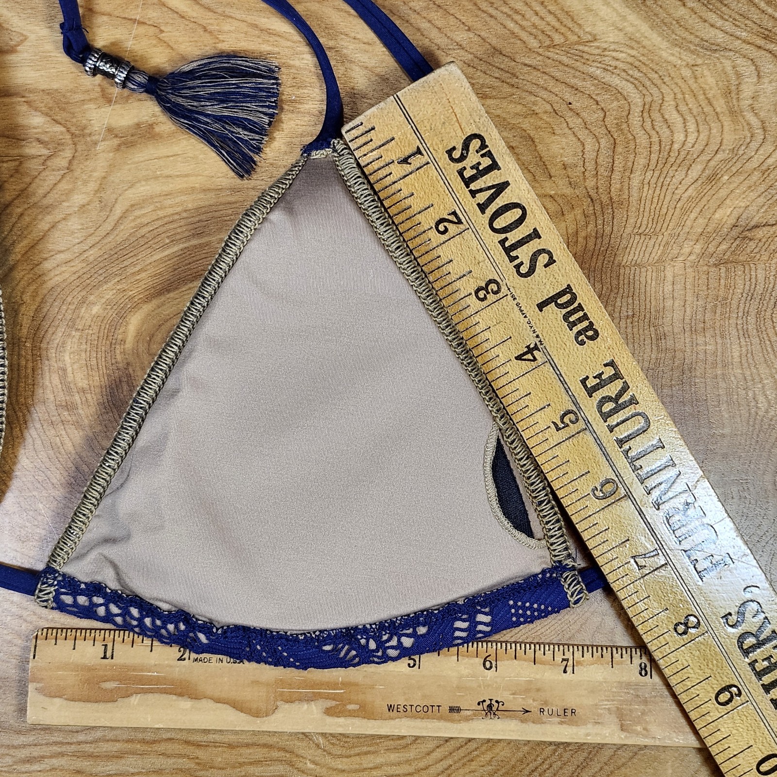 Becca Rebecca Virtue Crochet Triangle Tassels Bikini Top Navy Tan Size S/M EUC