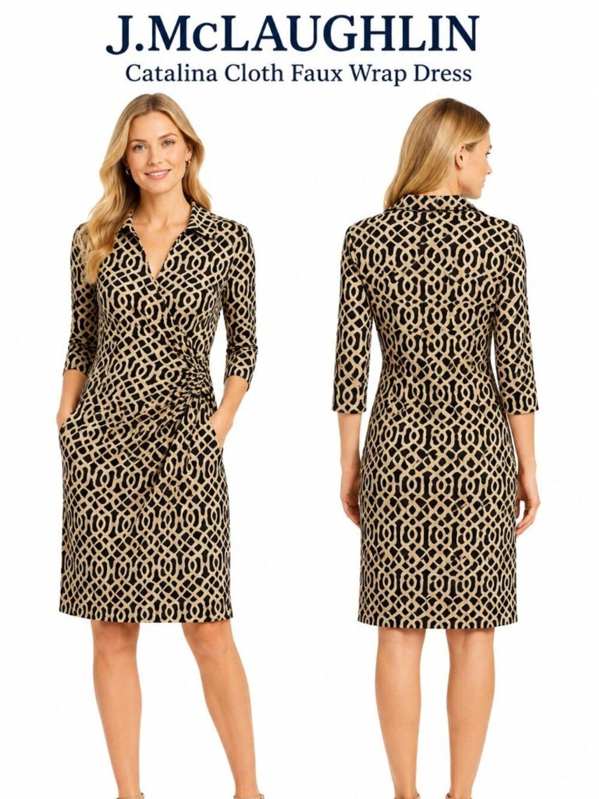 J.McLaughlin Catalina Cloth Faux Wrap Dress Women XS Black Tan Geometric