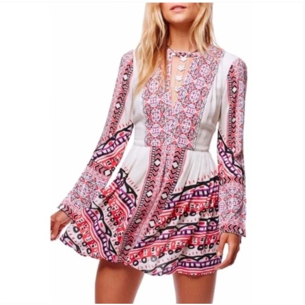 Free People Tegan Border Printed Midi Dress in Ivory Size 6 Boho