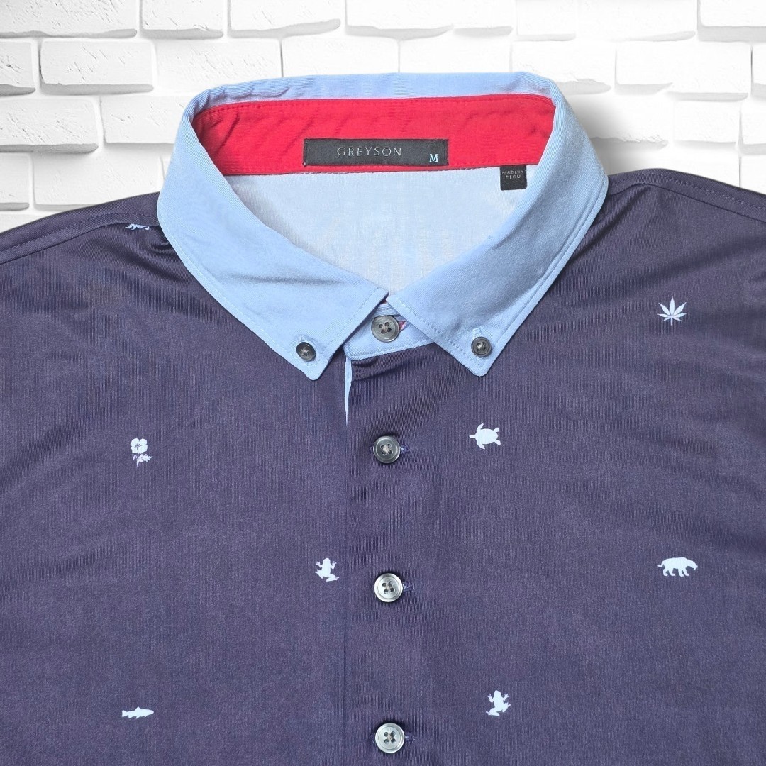 Greyson Golf Polo Shirt Mens Medium Blue Fish Frogs Turtles Quail Pot AOP EUC