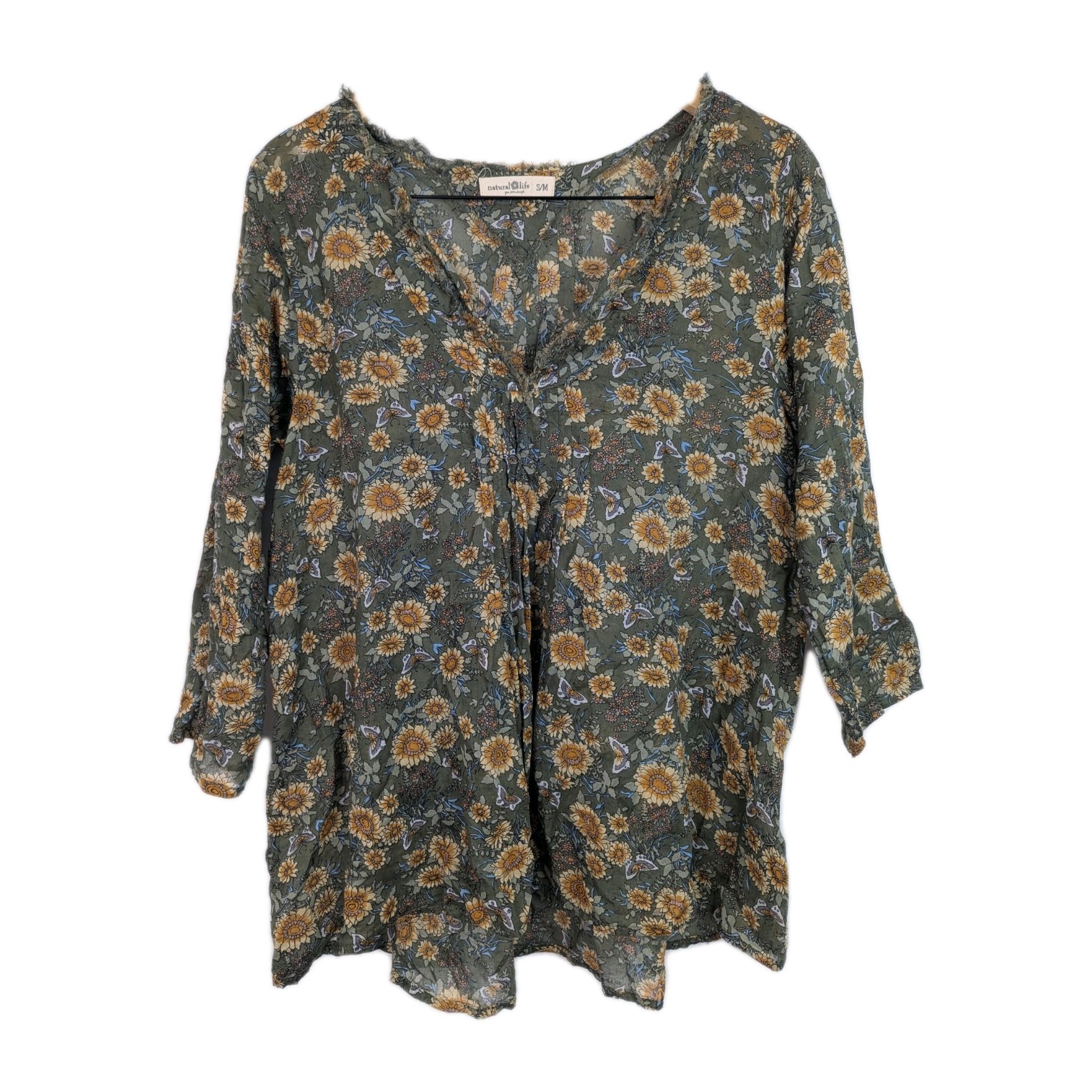 Natural Life Lightweight Floral Cotton 3/4 Sleeve V-neck Top Boho Cottage S/M