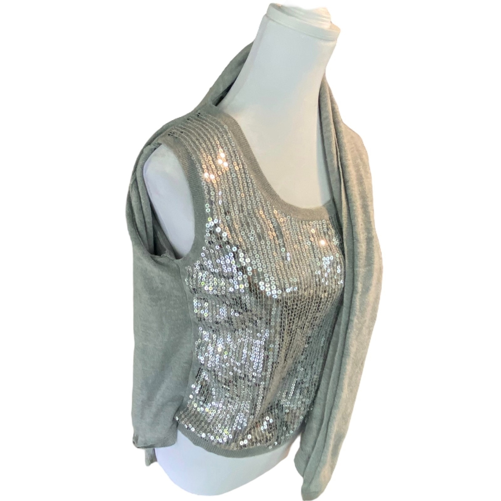 Michael Kors Sweater Sequins Cardigan and Tank Cotton Blend Top Silver Grey S/P
