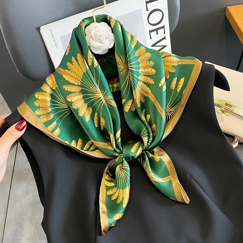 100% Silk Square Scarf Women Green Golden Wheat Kerchief Headscarf Tied 68*68cm