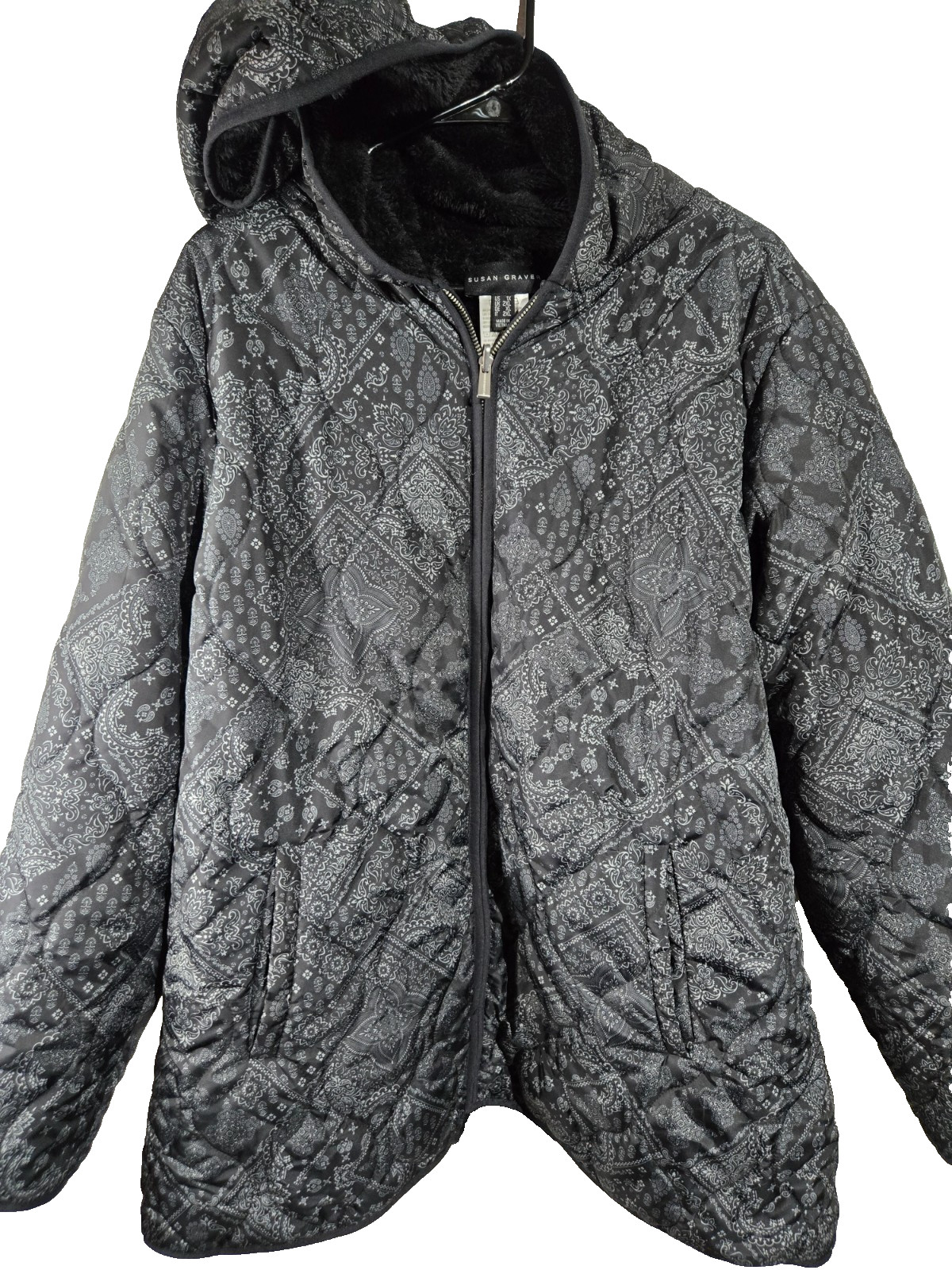 Susan Graver Black Bandana All Over Print Jacket Coat Womens Size 2XL Designer