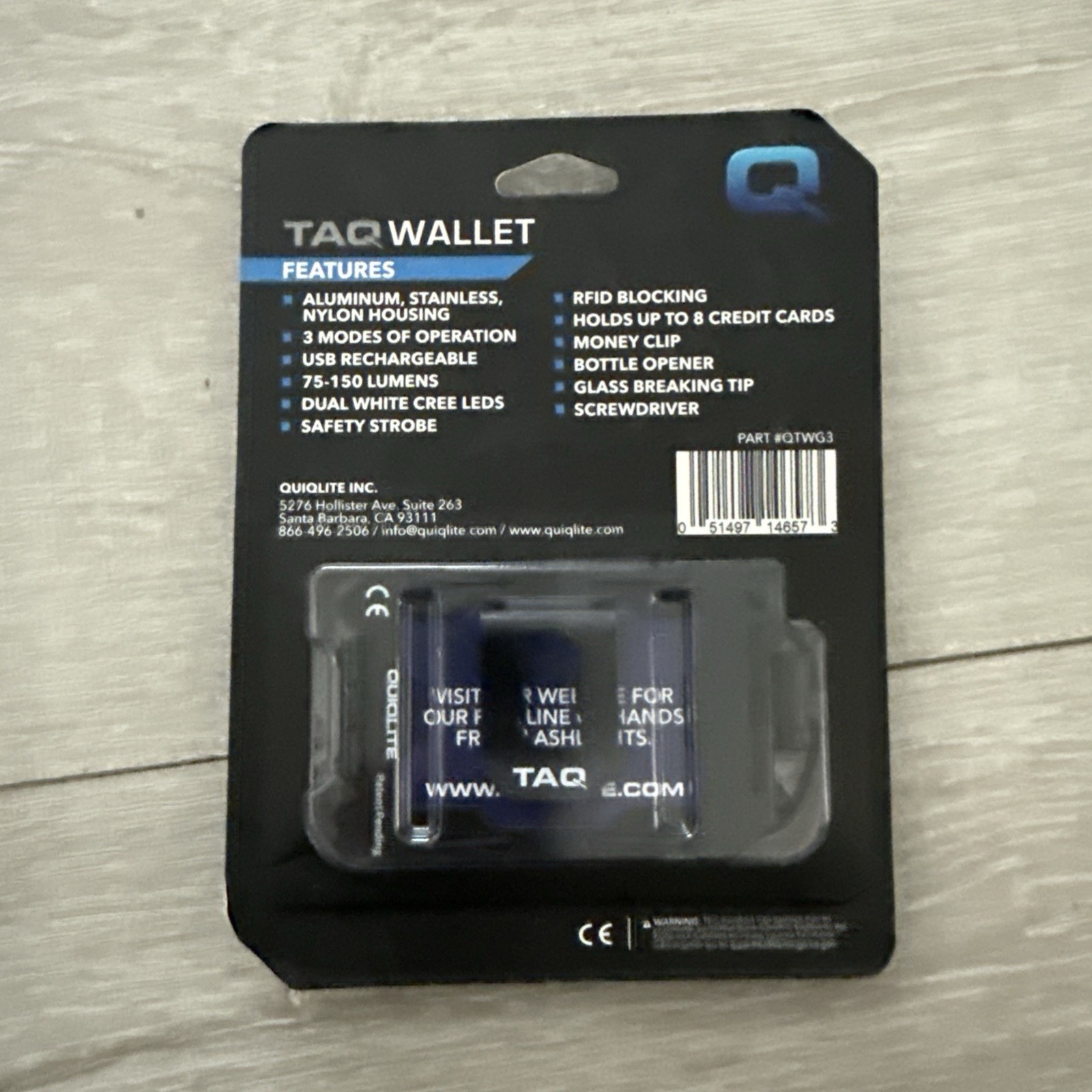 QUIQLITE TAQ Wallet Minimalist RFID Blocking Tactical Wallet LED Flashlight NIP