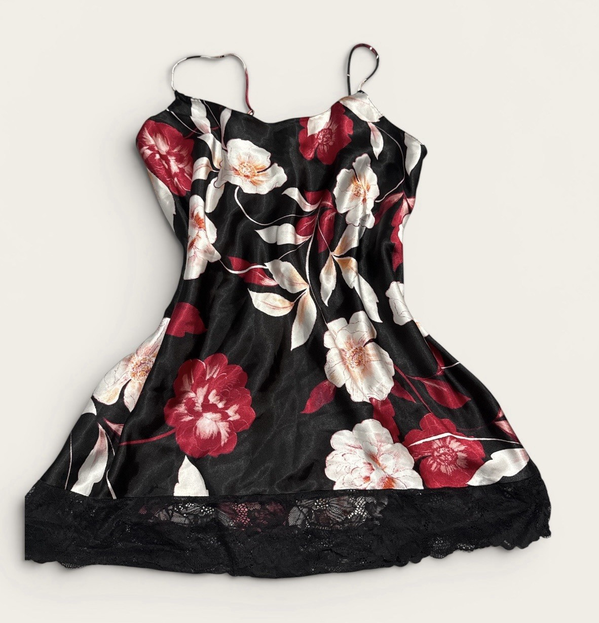 XL Floral Satin Full Slip Lace Hem Adjustable Straps B/R/W