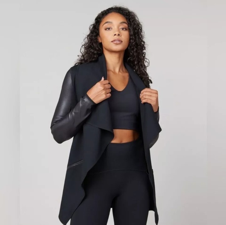 SPANX NWT Drape Front Jacket Very Black Ponte Faux Leather- Size Large
