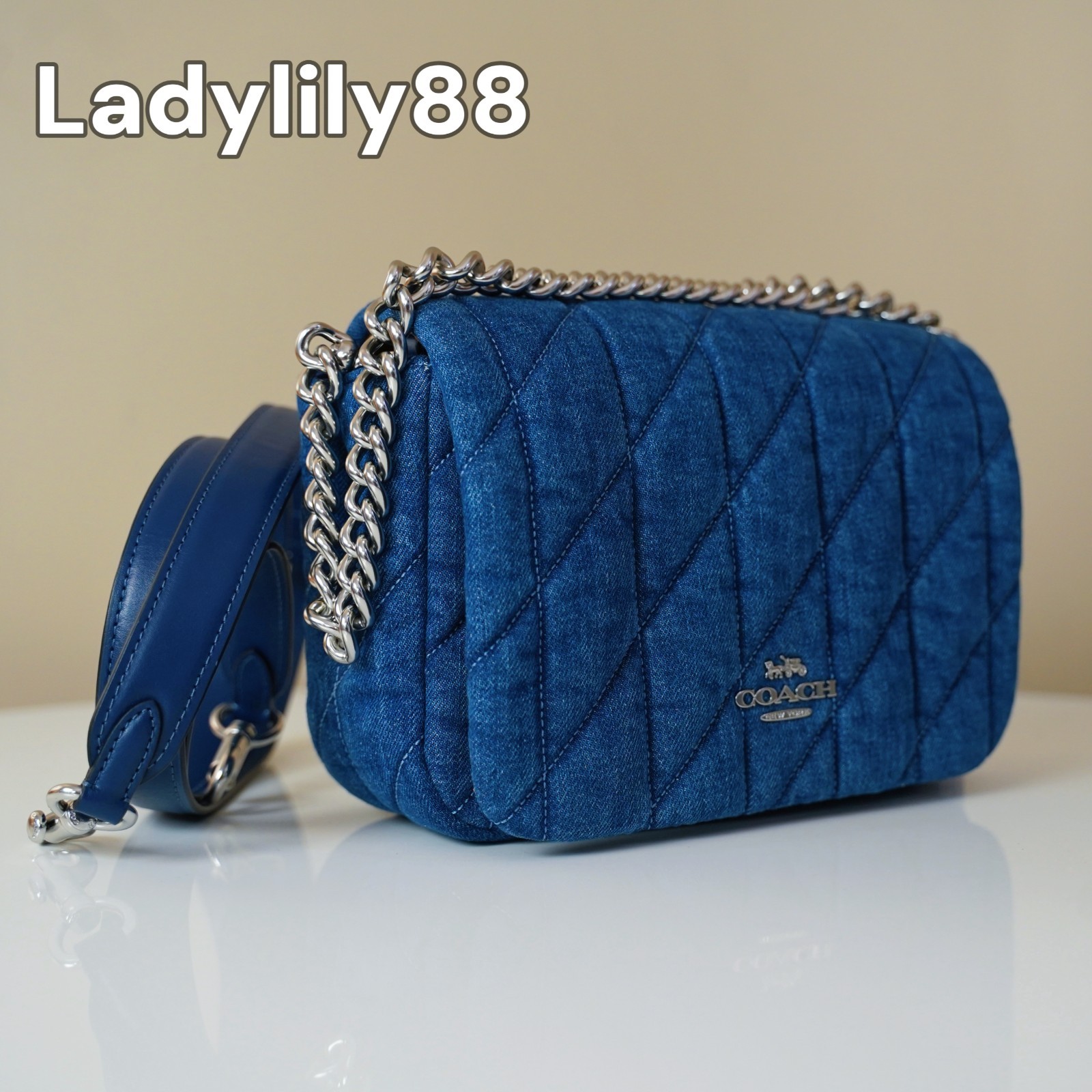 NWT Coach CAK40 Quinn Bag With Quilting Denim Smooth Leather Silver/Indigo $450