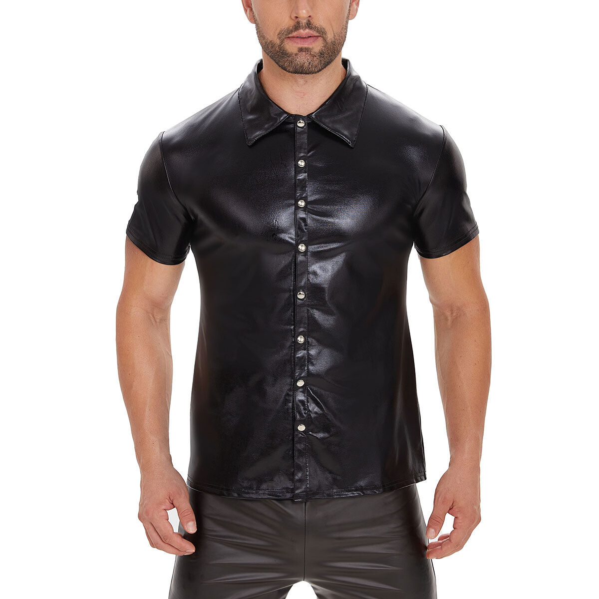 Men’s Sexy Pvc Leather Shirts Short Sleeve Turn Down Collar Shaping Casual Shirt