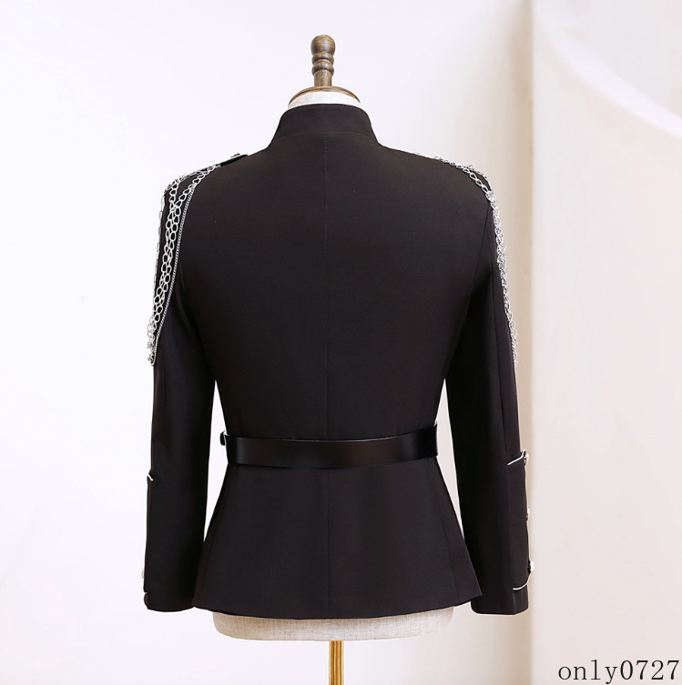 Mens Casual Suit Coat Double-breasted SStand Collar Belt Banquet Dance Costume