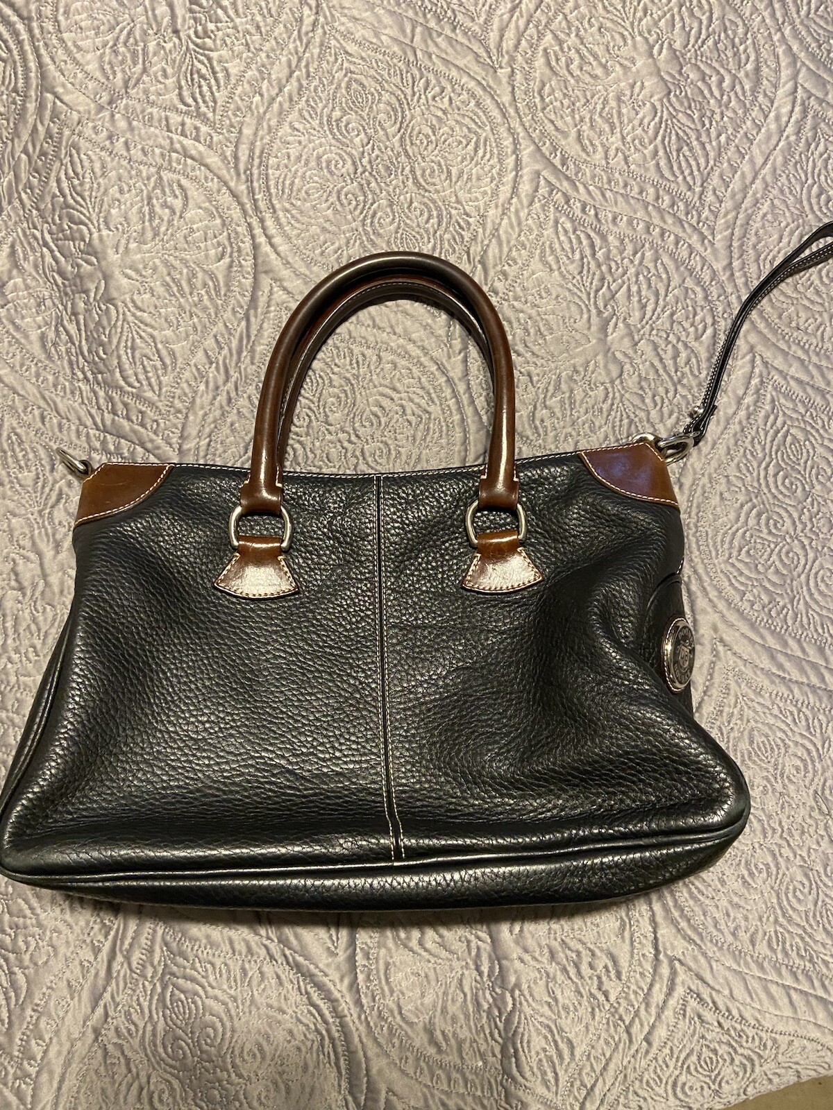 Dooney & Bourke Vintage All Weather Leather Satchel Handbag Black Brown Handles