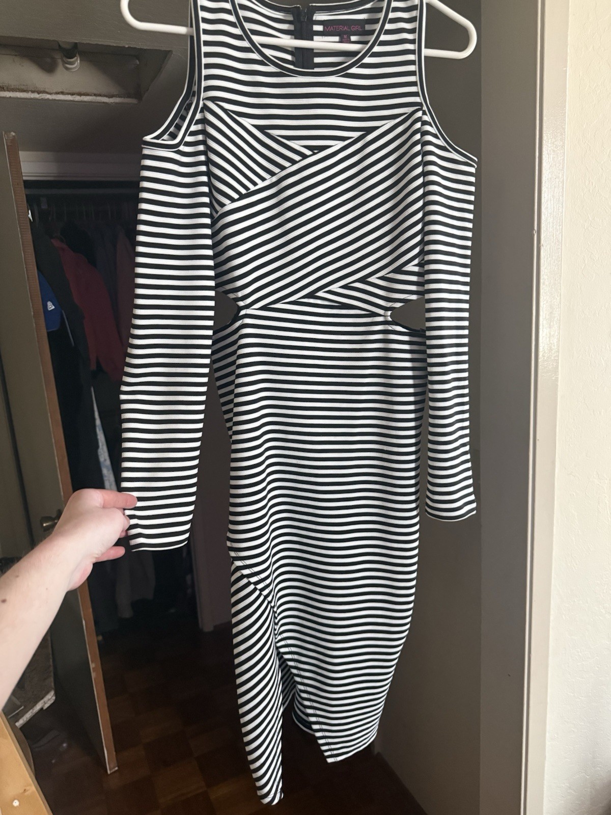 Material Girl Black/White Striped Cold Shoulder Cutout Bodycon Midi Dress M