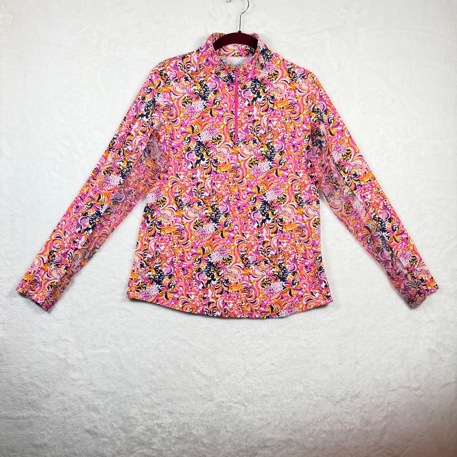 IBKUL 1/4 Zip Golf Top Women’s M Pink Orange Floral Geo UPF 50+ Cooling Shirt