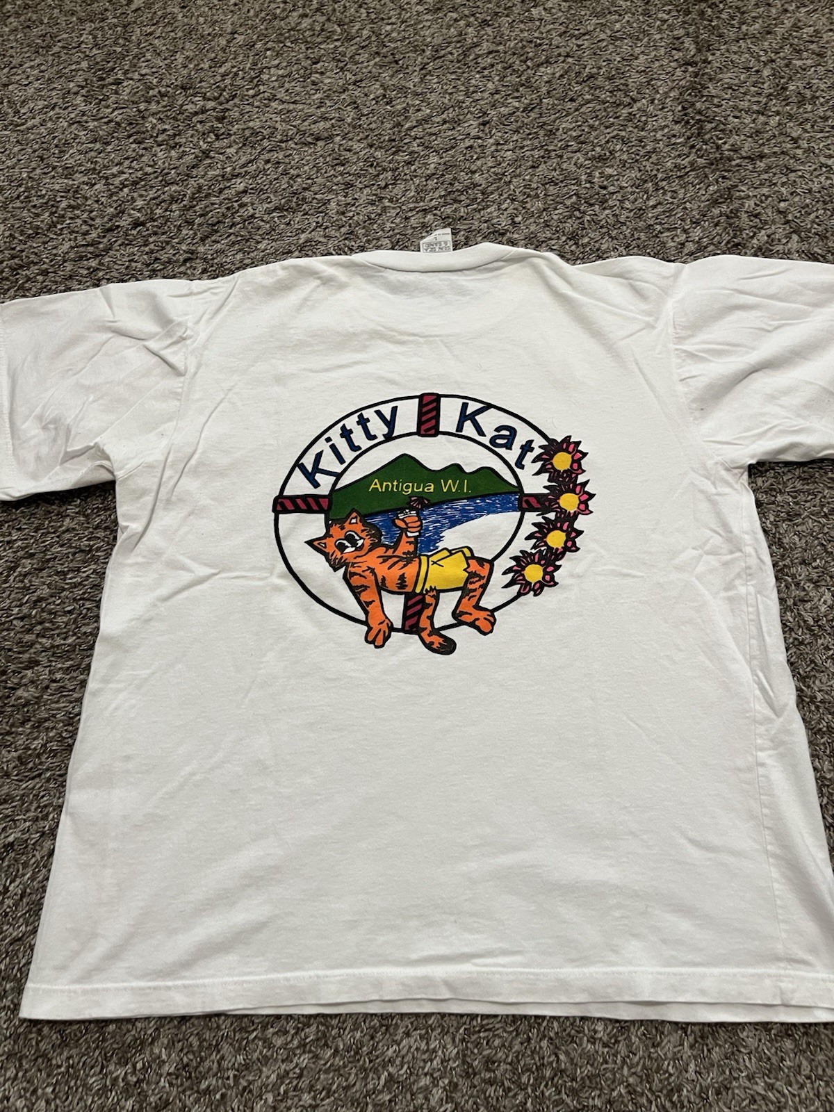 Vintage 90’s Single Stitch Kitty Kat Crew Antigua W.I. White T Shirt Size Large