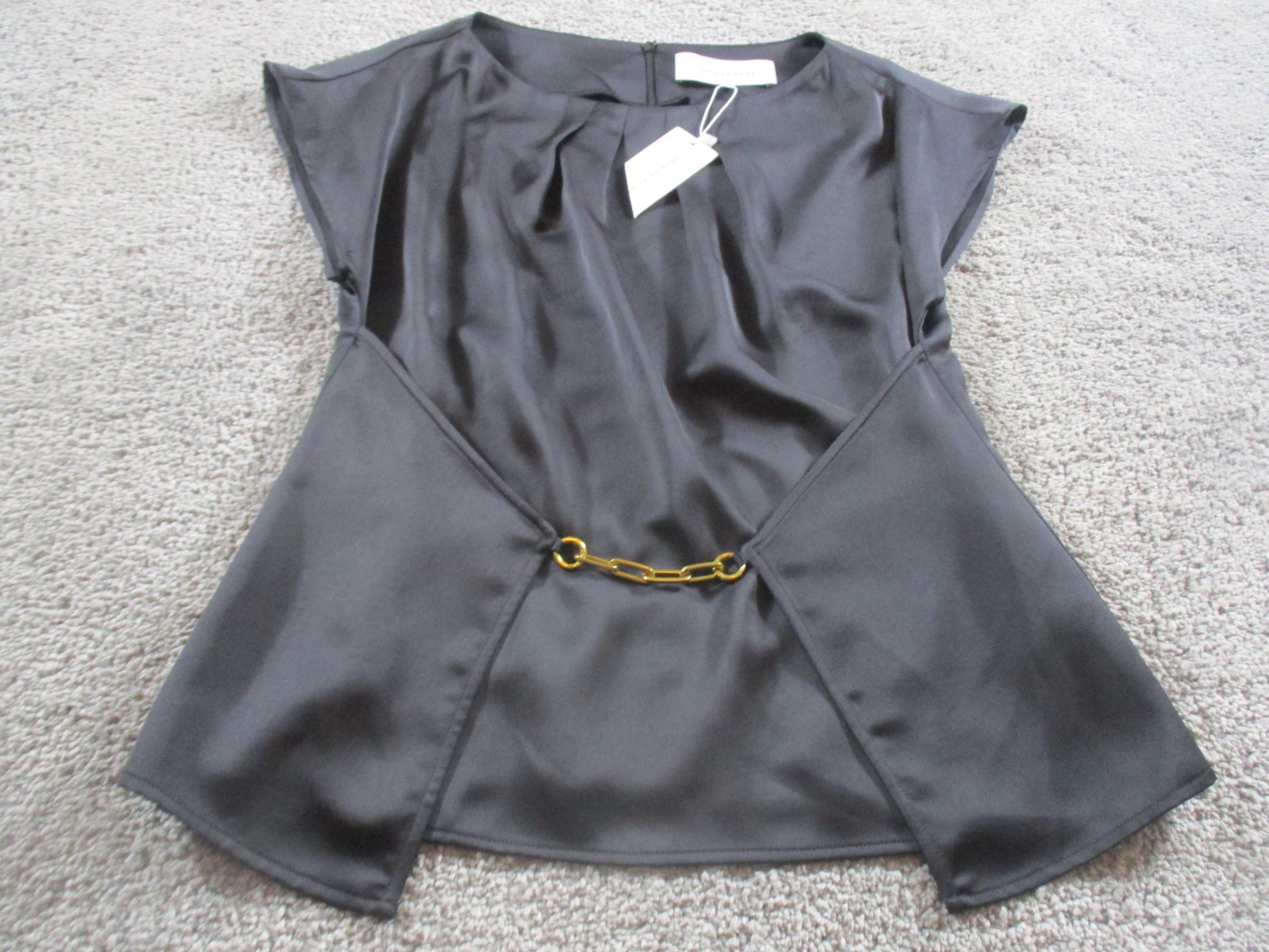 Veronika Maine Blouse Top 10 Belt Detail Black Rear Zip V Neck Cap Sleeve New