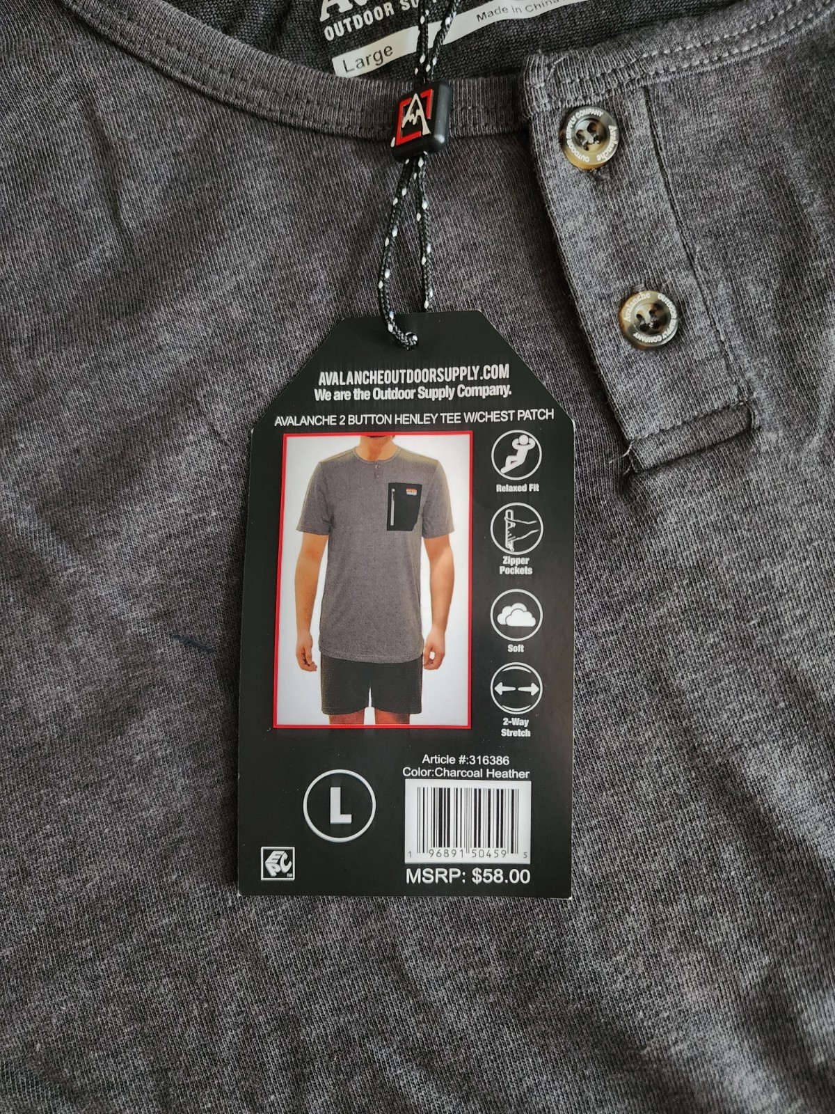 Avalanche Shirt Mens 2 Button Henley Tee Shirt W Chest Patch Short Sleeve Gray L
