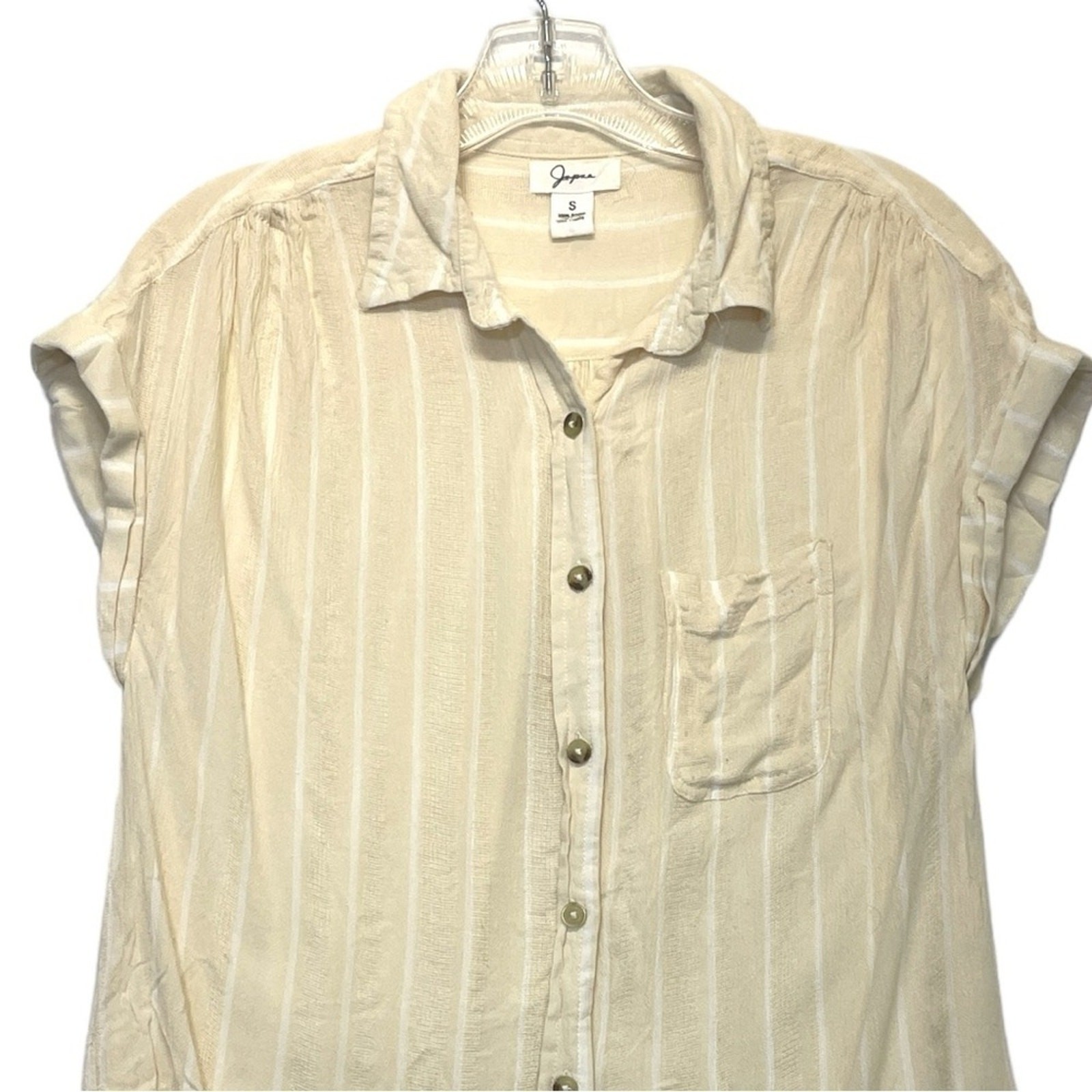 Blouse Gauzy Muslin Rayon Button Down Top Women’s small stripe cream white Japna