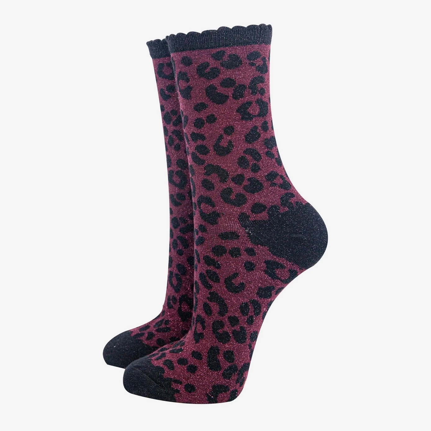 Sock Talk FRILL Ankle Socks – glitter berry red & black leopard print sparkly