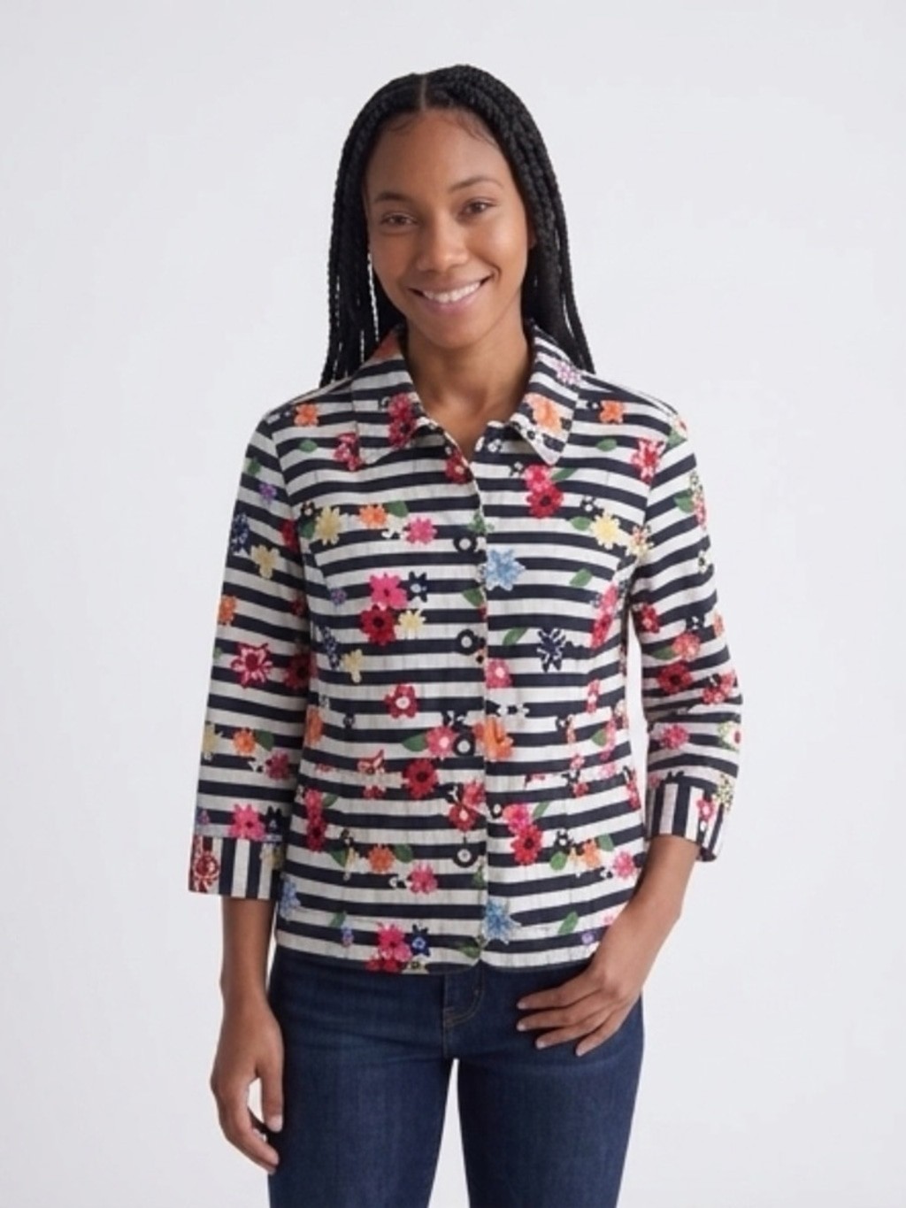 Christopher & Banks Blazer Jacket Womens Small S Stripe Floral Button Casual Top