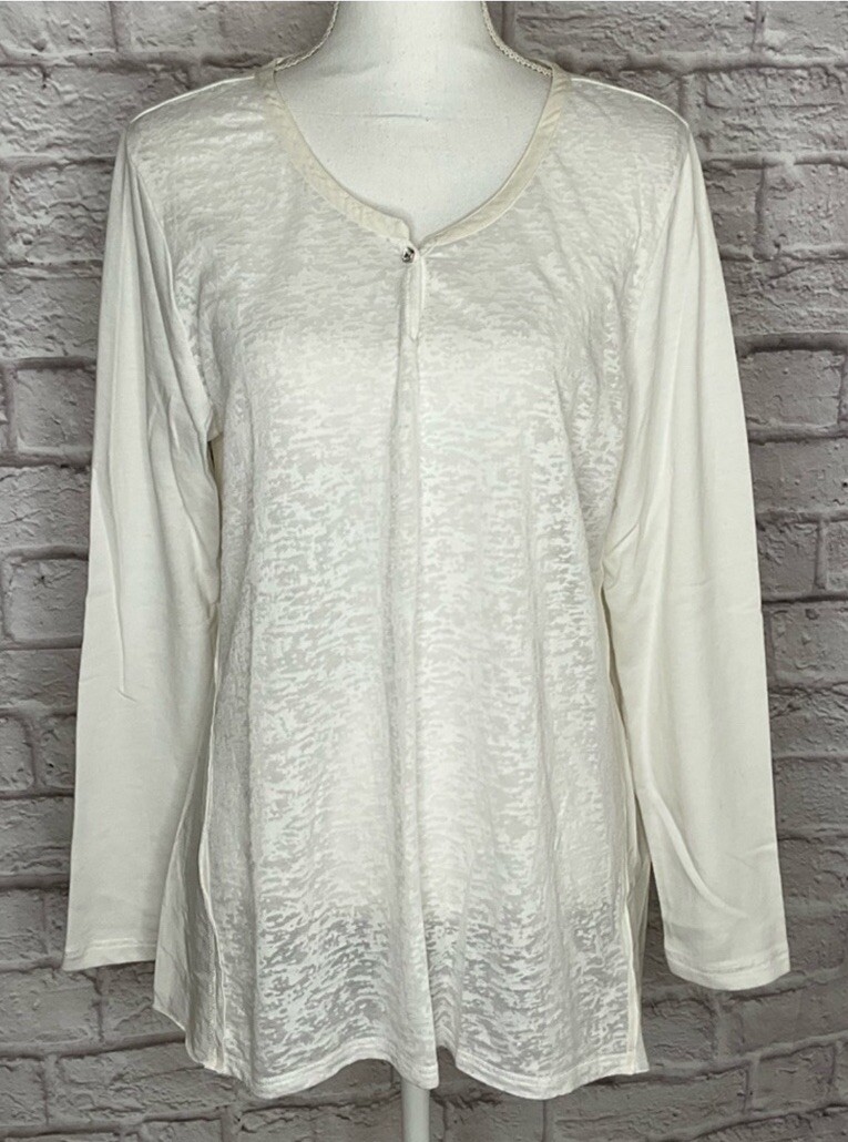 Soft Surroundings M Mixed Media Off White Top Rhinestone Button Silk