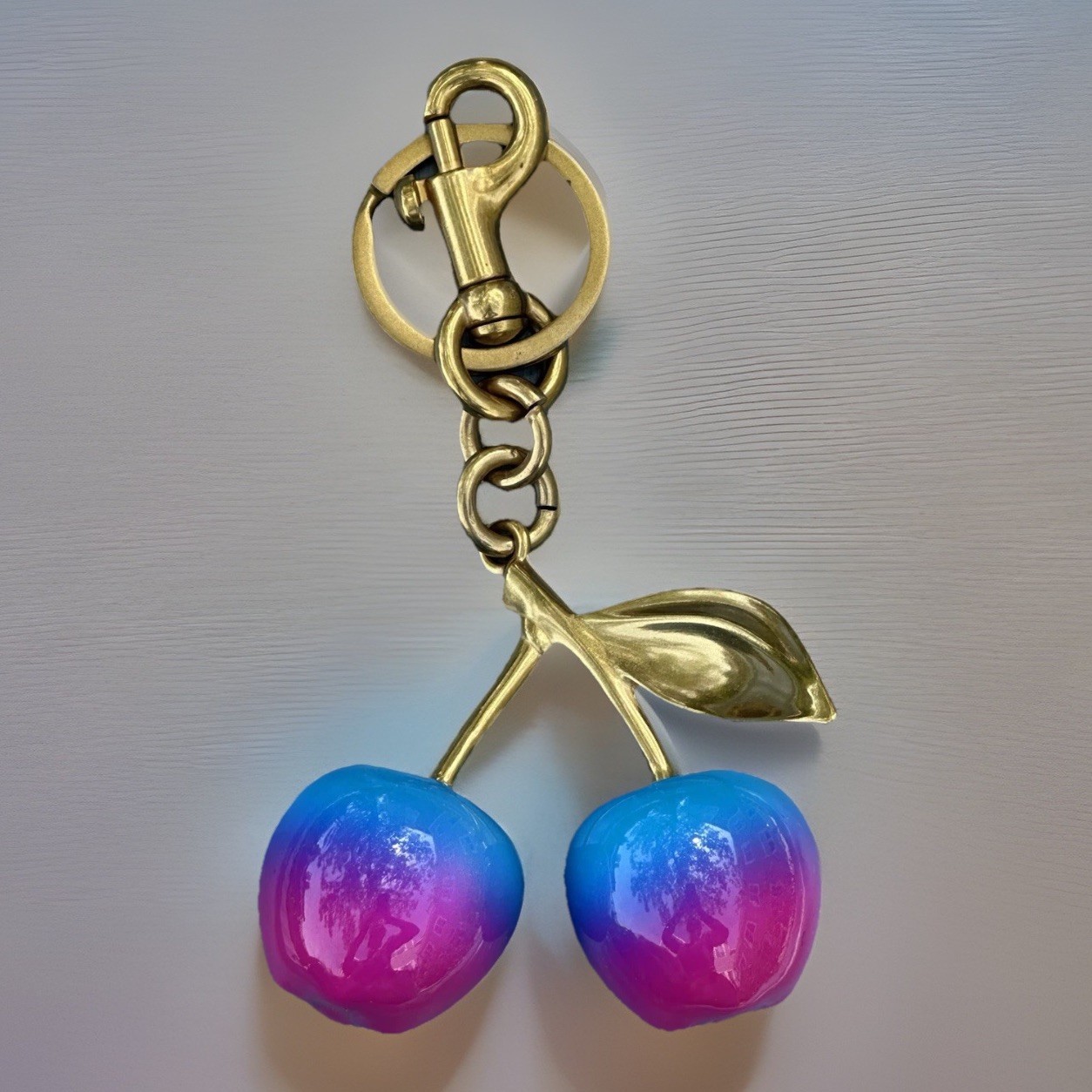 Cotton Candy Cherry Bag Charm | Gold Tone Keychain + Velvet Dust Bag