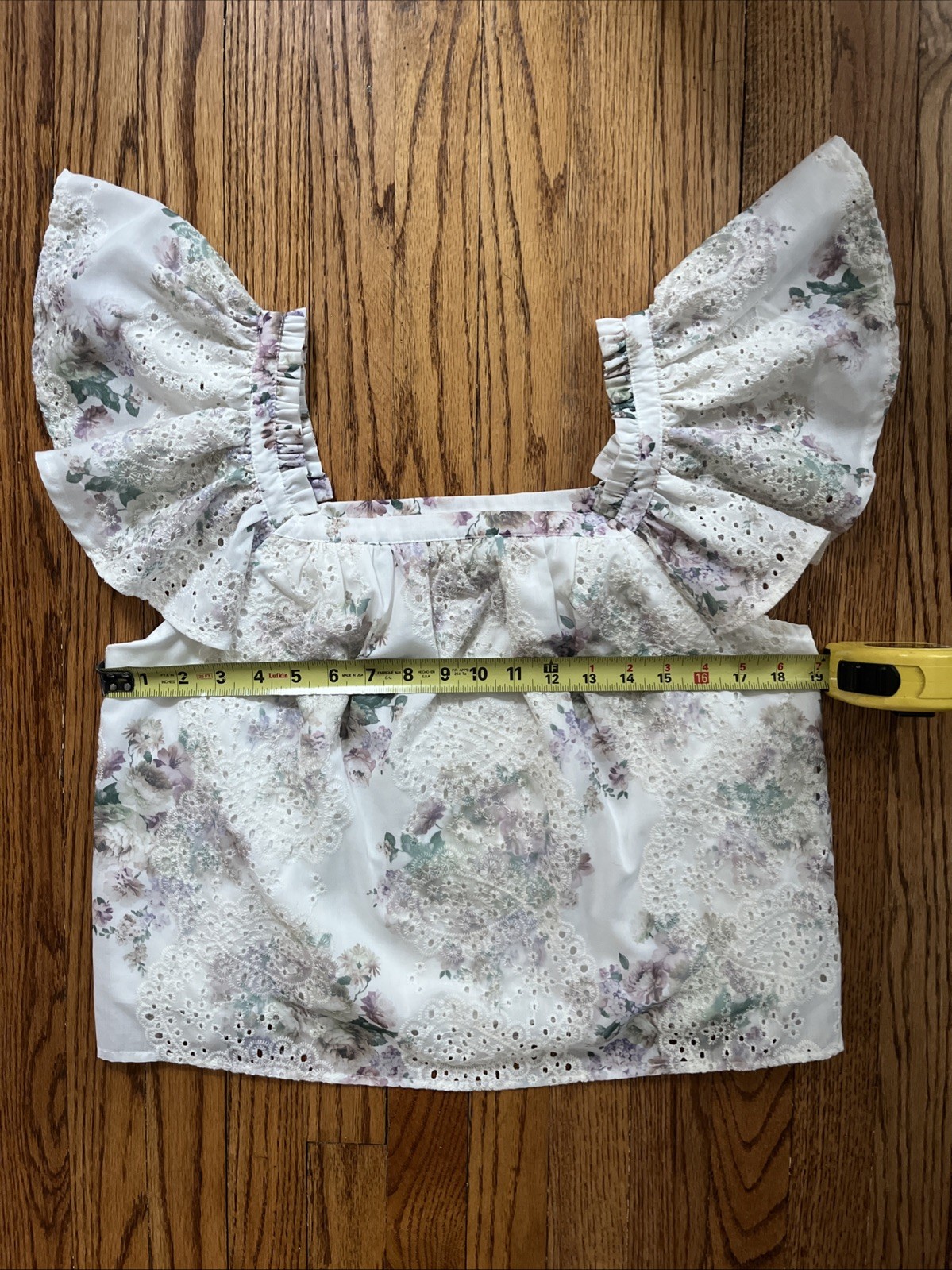 Solitaire Floral Ruffle Cap Sleeve Embroidered Eyelet Blouse Whimsical Romantic