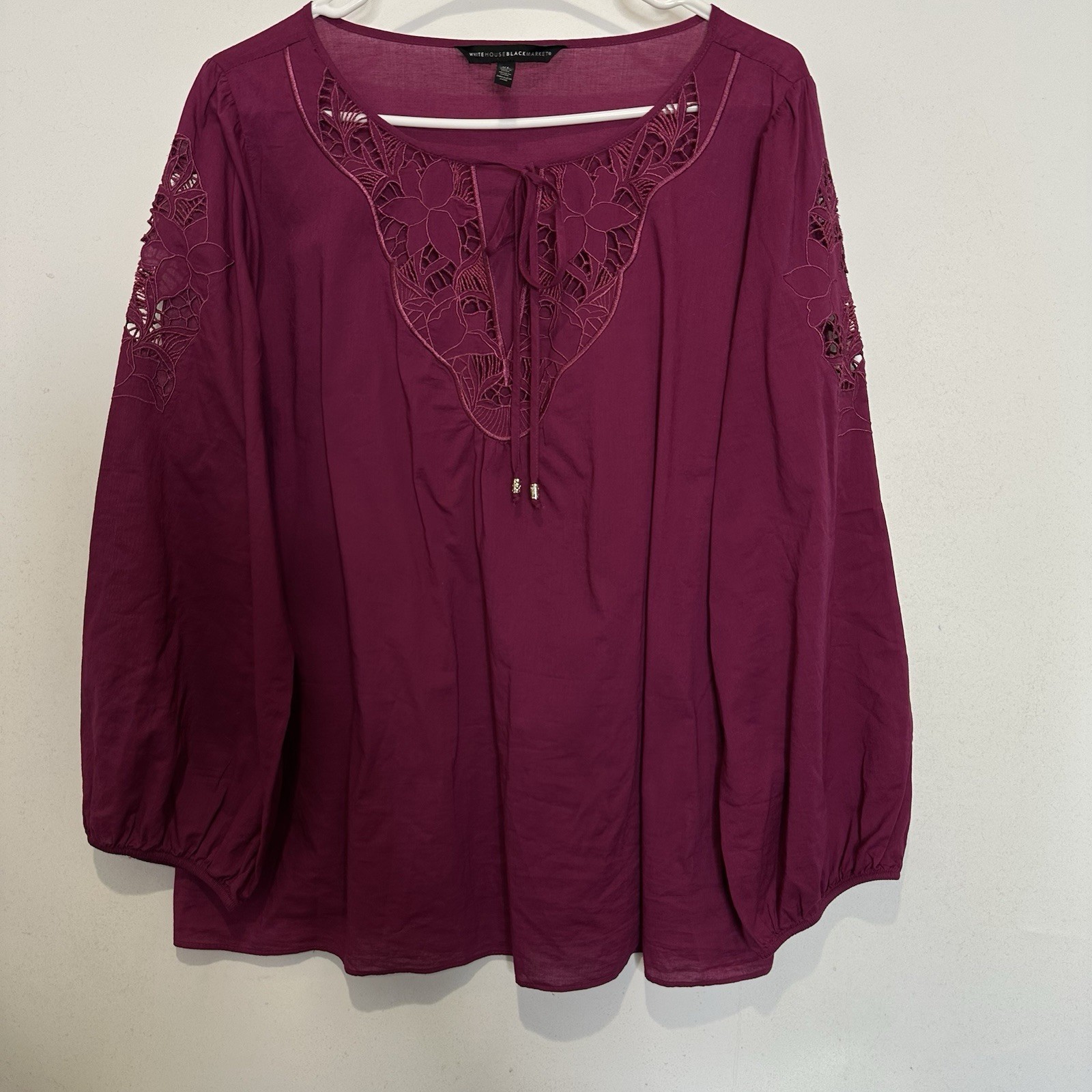 White House Black Market Blouse XL Fuchsia Pink Embroidery Key Hole Tie Front