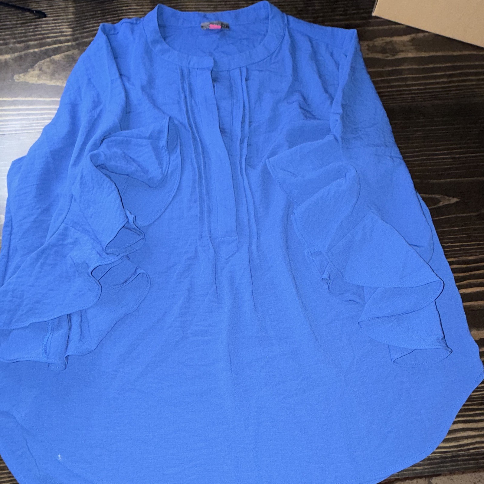 Vince Camuto Blue Solid Round Neck 3/4 Sleeve Ruffle Pullover Blouse Women’s L