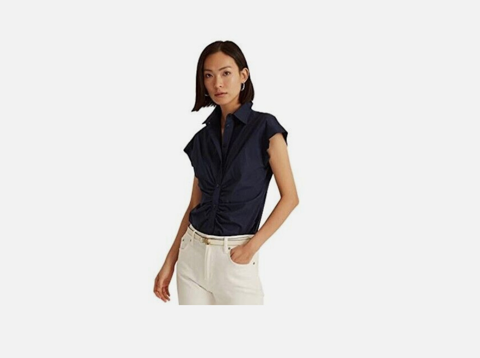 LAUREN Ralph Lauren Shirred Stretch Cotton Shirt Navy Size 10 2964
