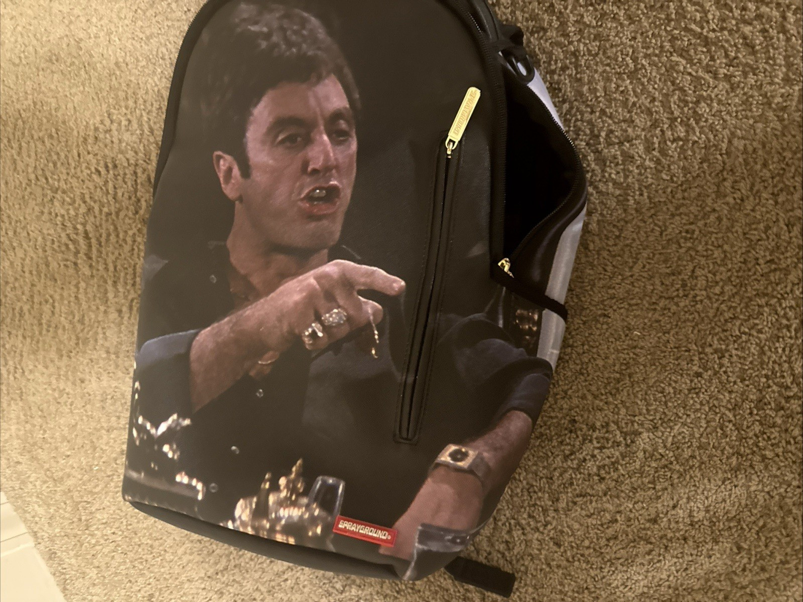 Sprayground Scarface Movie Graphic Print Black Large Backpack Zip Outer Pockets