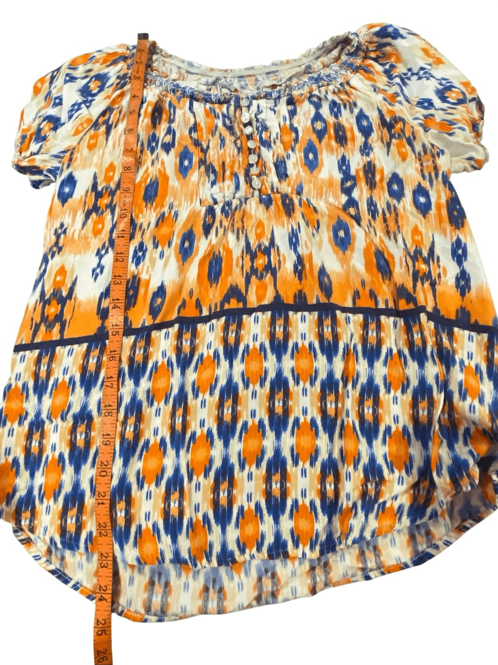 Faded Glory Boho Peasant Top Ikat Print Puff Sleeve Festival Cottagecore Blouse