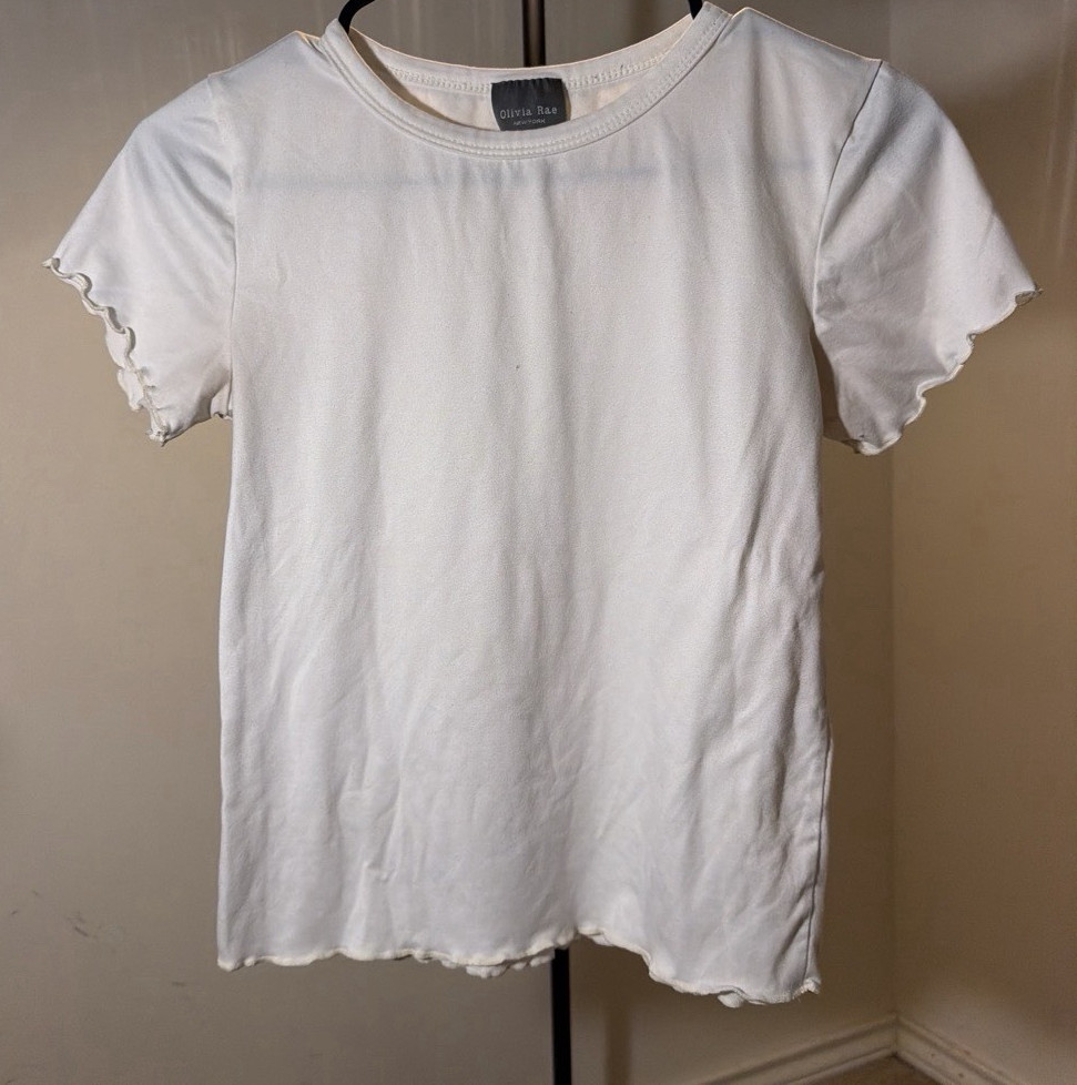 Olivia Rae White Solid Cotton Knit Crew Neck Ruffle Trim Cap Sleeve T-Shirt S