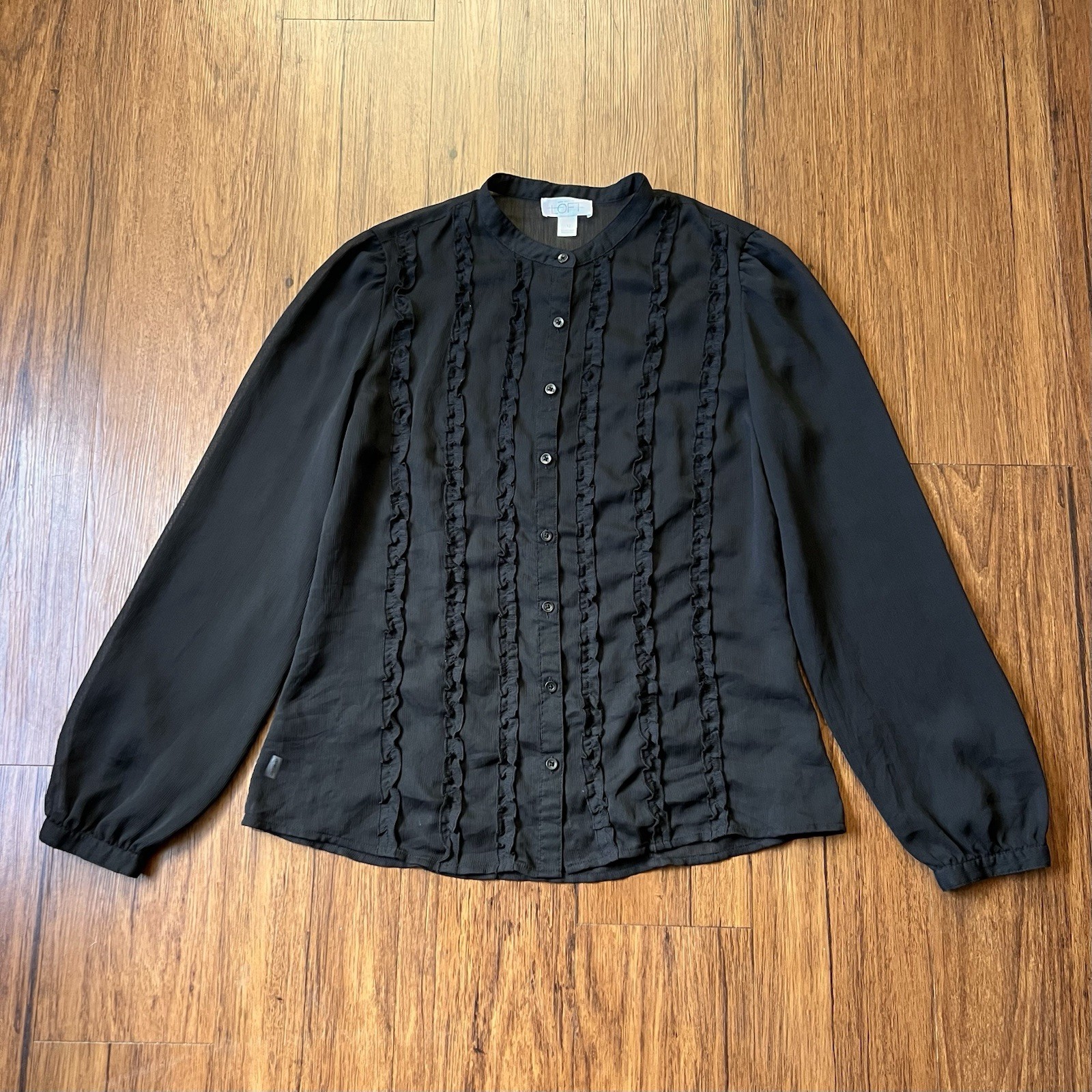 Ann Taylor LOFT Shirt Black Ruffle Balloon Sleeve Button Sheer Prairie Victorian